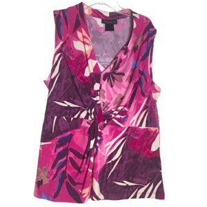 Donna Karan Floral Stretch V Neck Tie Ruched Top Stretch T Sleeveless Graphic L